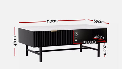 Soren Modern Coffee Table — Black Ribbed Base & White Stone Top (110cm)