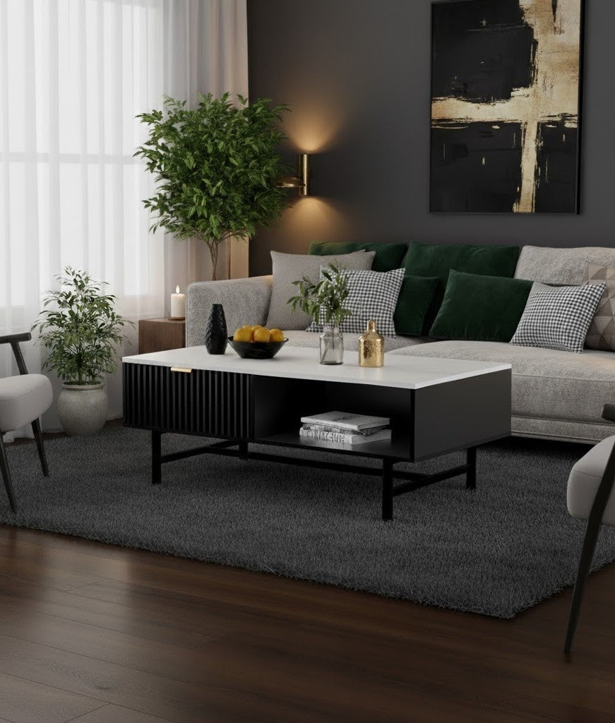 Soren Modern Coffee Table — Black Ribbed Base & White Stone Top (110cm)