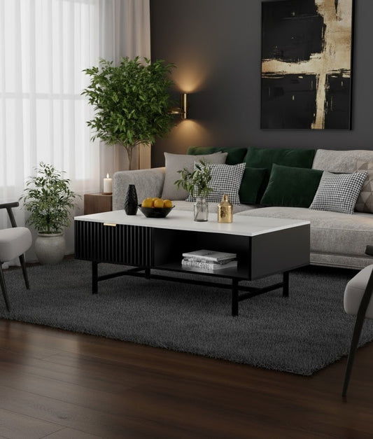 Soren Modern Coffee Table — Black Ribbed Base & White Stone Top (110cm)