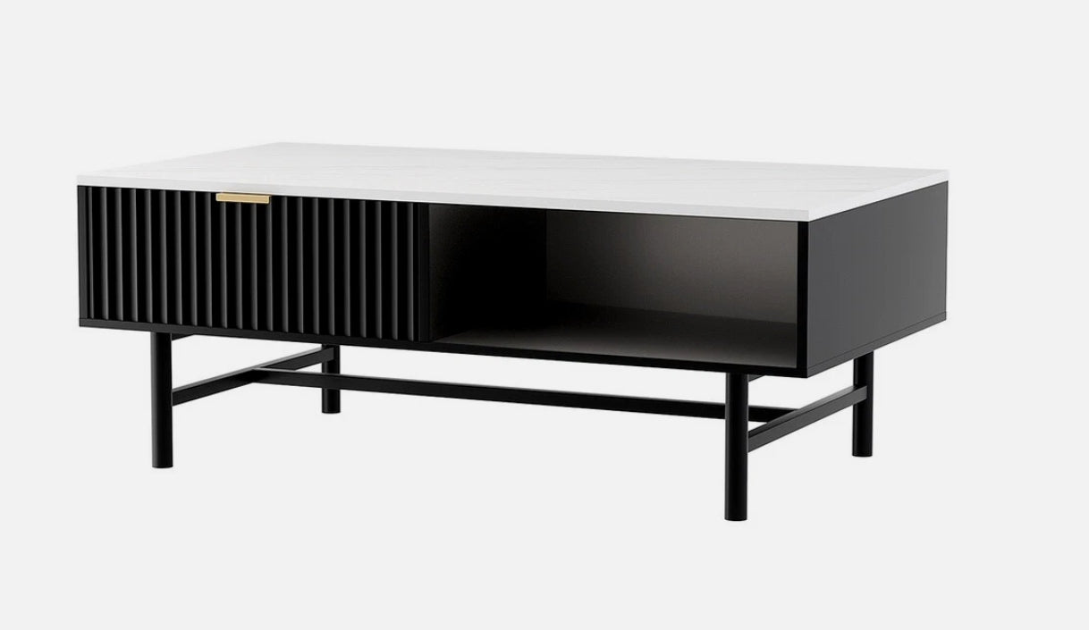 Soren Modern Coffee Table — Black Ribbed Base & White Stone Top (110cm)