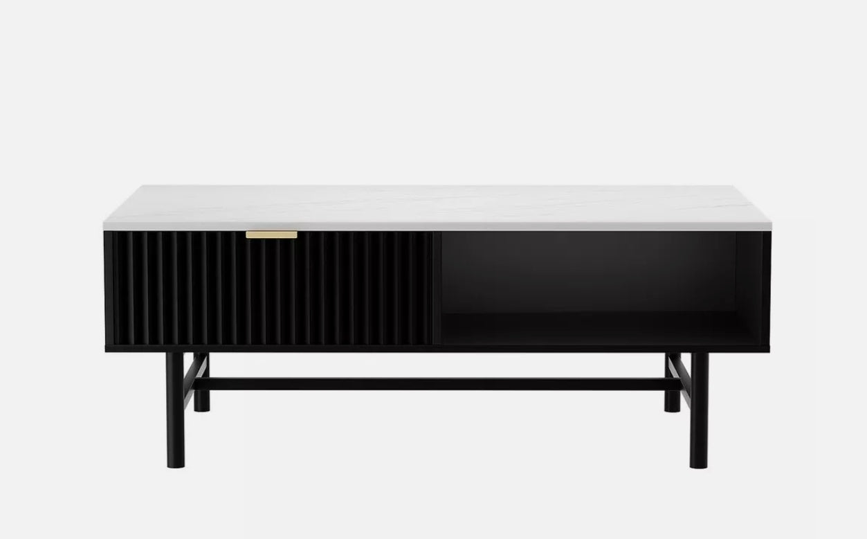 Soren Modern Coffee Table — Black Ribbed Base & White Stone Top (110cm)