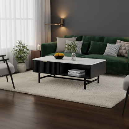 Soren Modern Coffee Table — Black Ribbed Base & White Stone Top (110cm)