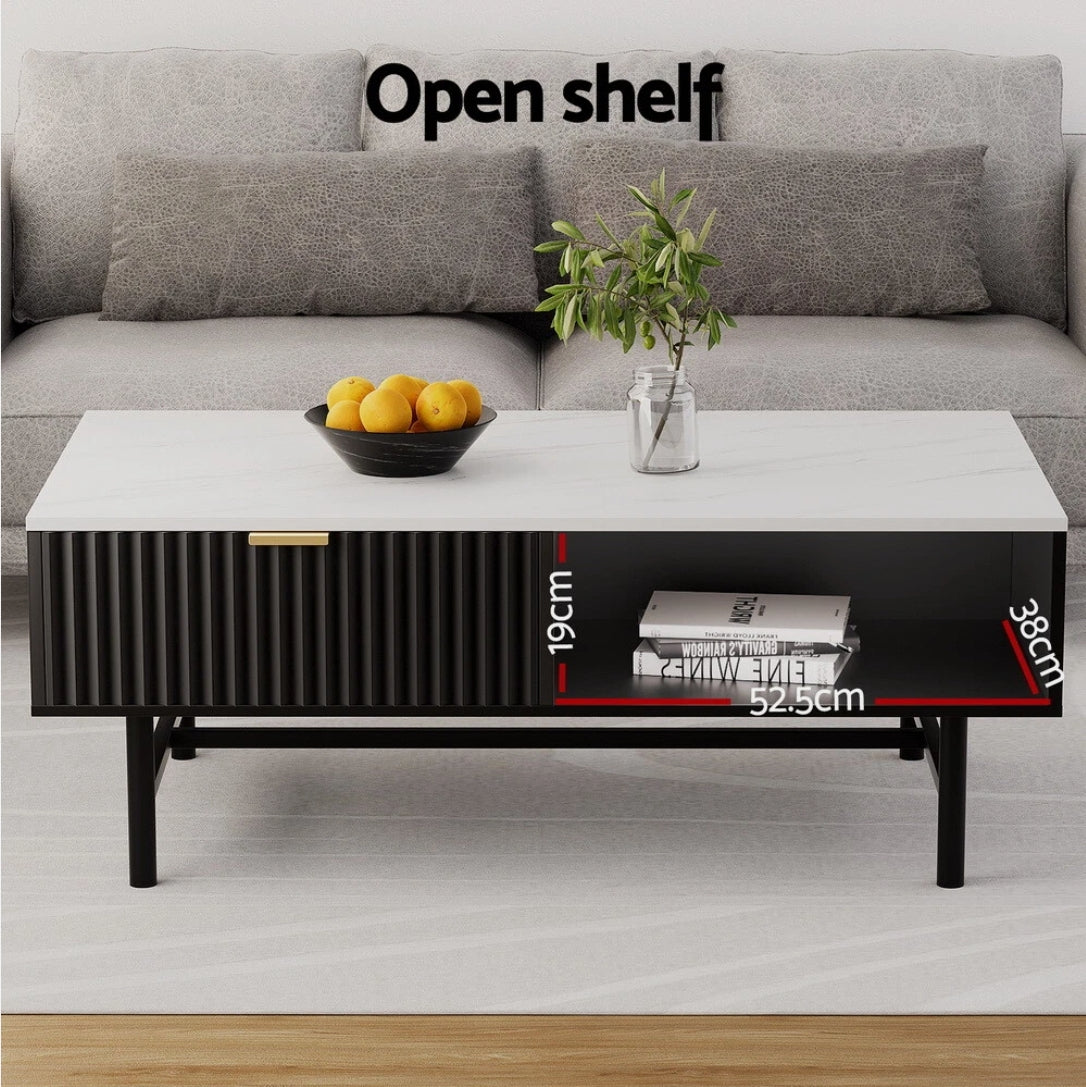 Soren Modern Coffee Table — Black Ribbed Base & White Stone Top (110cm)