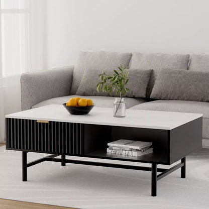 Soren Modern Coffee Table — Black Ribbed Base & White Stone Top (110cm)