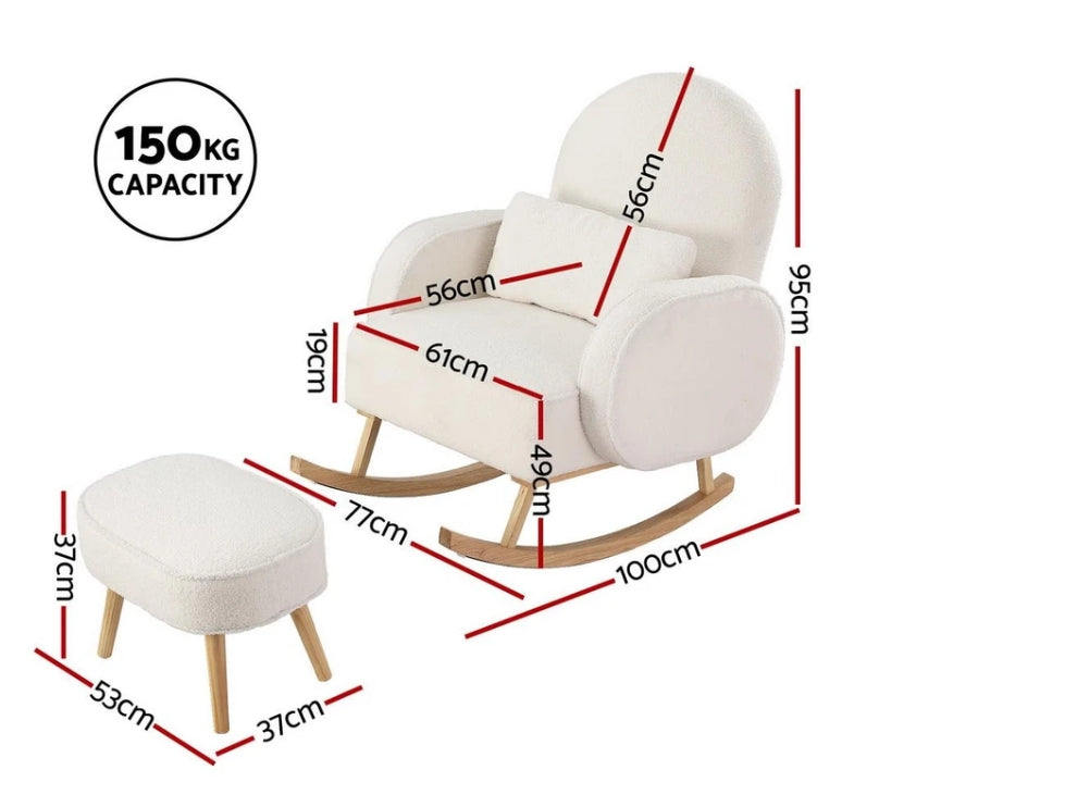 MOUTTON Armchair Rocking Chair Ottoman Lounge Footrest Round Nursing Boucle White
