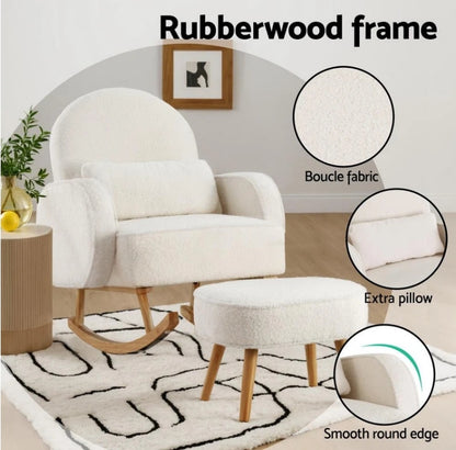 MOUTTON Armchair Rocking Chair Ottoman Lounge Footrest Round Nursing Boucle White