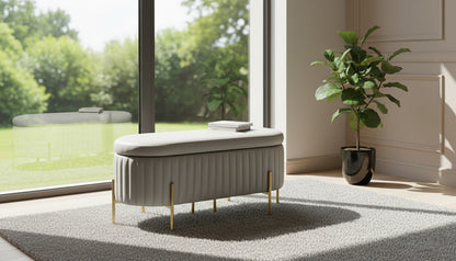 VILLENEUVE Luxe Storage Ottoman Bench – Light Grey PU Leather with Golden Accents