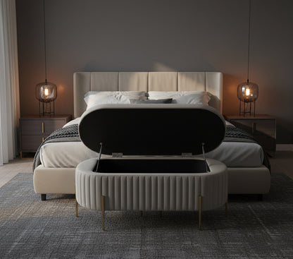 VILLENEUVE Luxe Storage Ottoman Bench – Light Grey PU Leather with Golden Accents