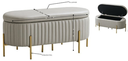 VILLENEUVE Luxe Storage Ottoman Bench – Light Grey PU Leather with Golden Accents