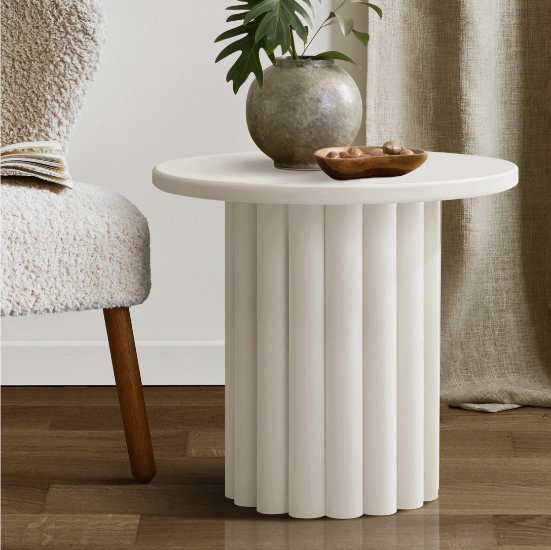 BLANCHE Fluted Side Table – Modern Sculptural Accent Table (White)