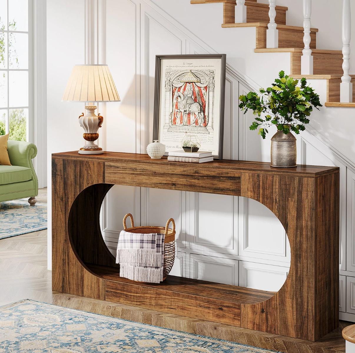 Bosco Arc Console Table – 160cm Sculpted Wood-Style Entryway Console