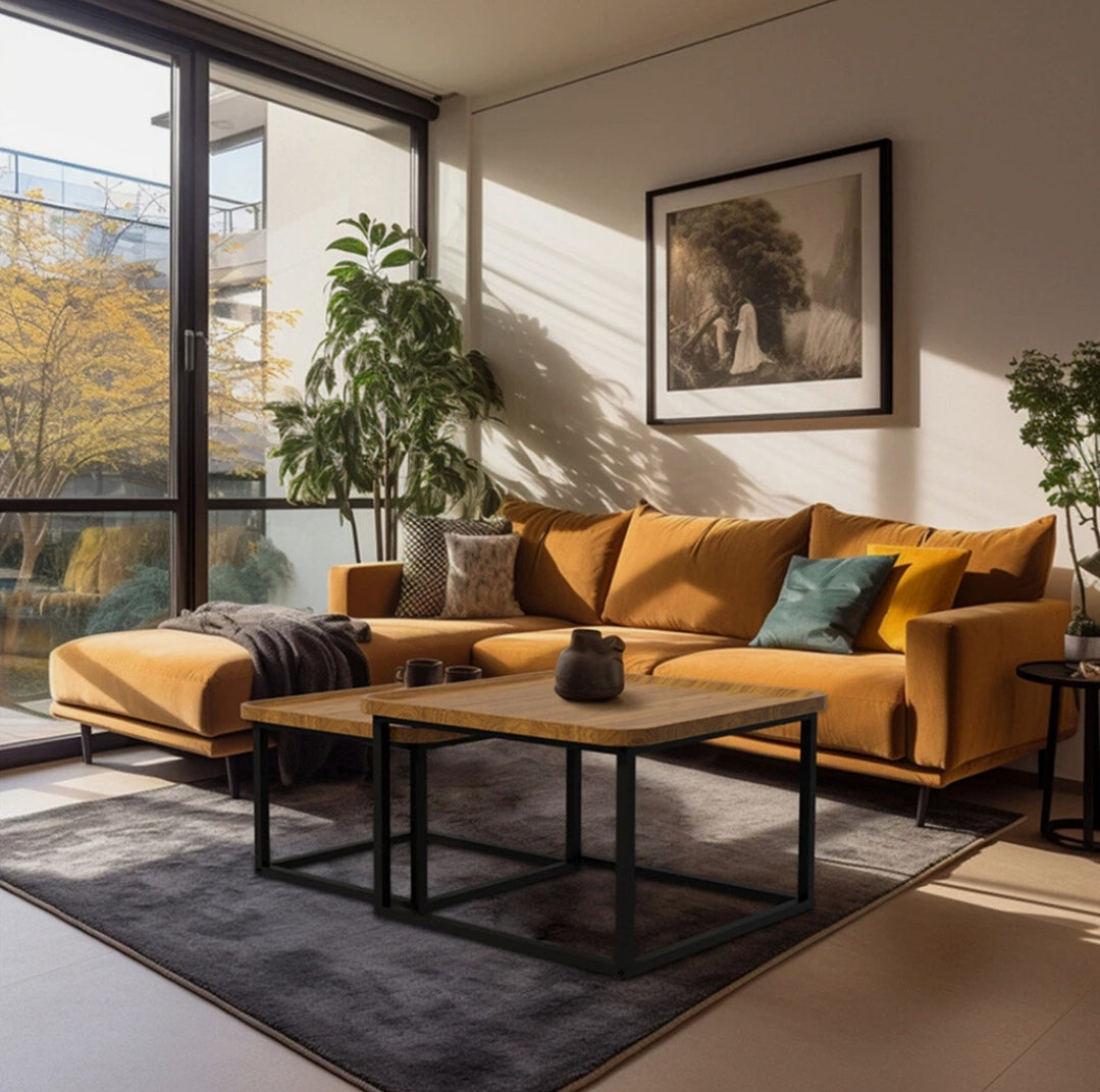 CARRÉE Nesting Coffee Table Set – Warm Timber & Black Steel Frame (Modern + Cozy Style)