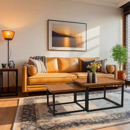 CARRÉE Nesting Coffee Table Set – Warm Timber & Black Steel Frame (Modern + Cozy Style)