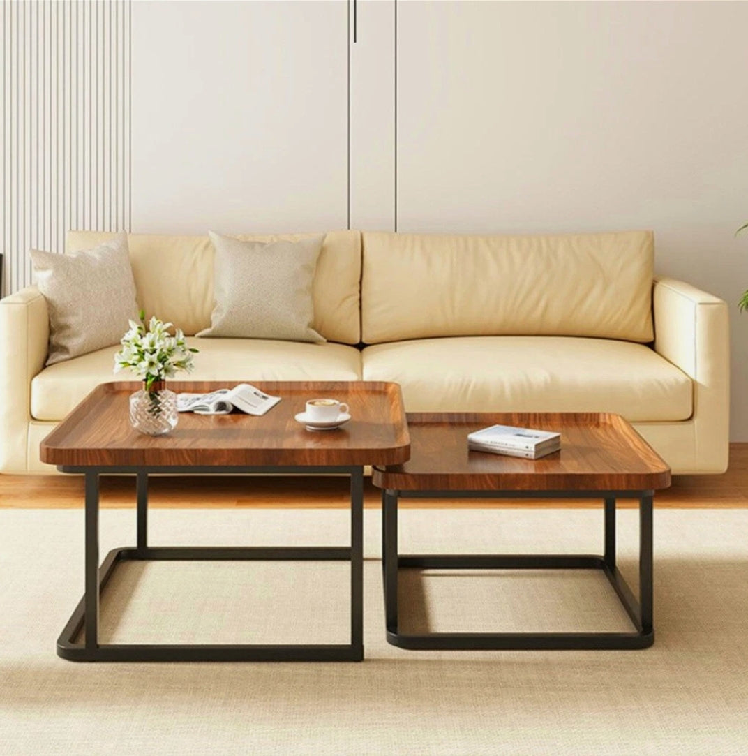CARRÉE Nesting Coffee Table Set – Warm Timber & Black Steel Frame (Modern + Cozy Style)