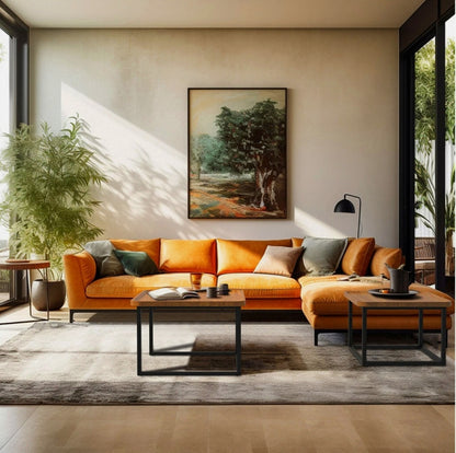 CARRÉE Nesting Coffee Table Set – Warm Timber & Black Steel Frame (Modern + Cozy Style)