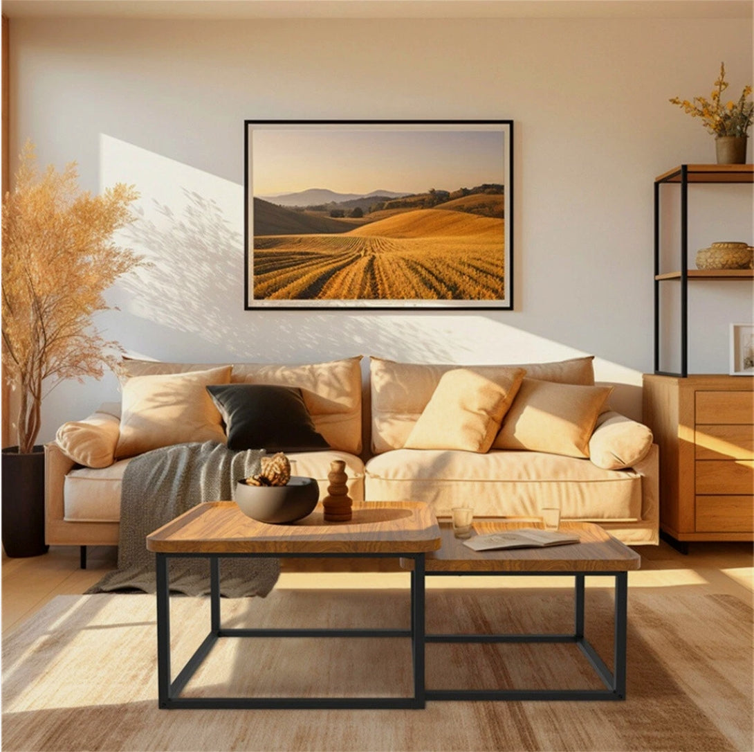 CARRÉE Nesting Coffee Table Set – Warm Timber & Black Steel Frame (Modern + Cozy Style)