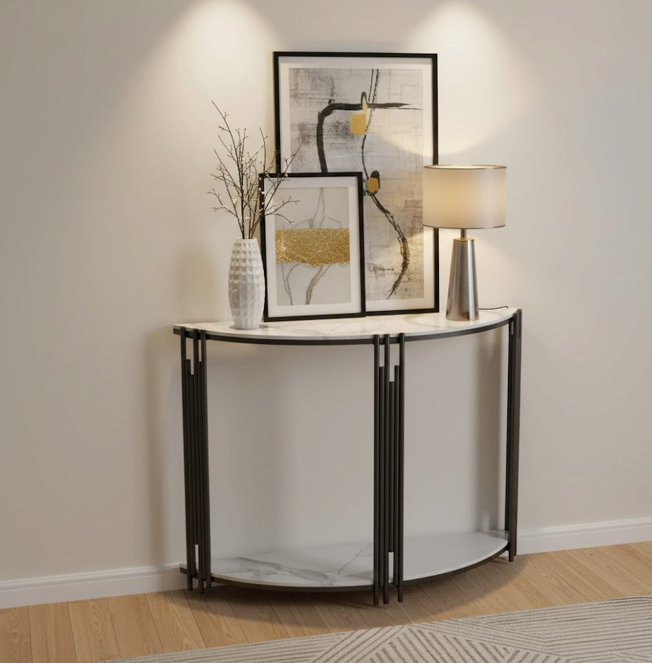 Lune Half-Moon Console Table – Modern Narrow Entryway Table (White Marble / Black Marble)