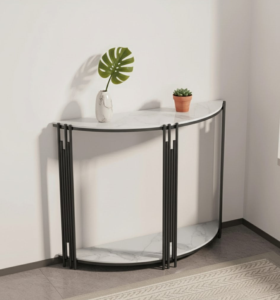 Lune Half-Moon Console Table – Modern Narrow Entryway Table (White Marble / Black Marble)