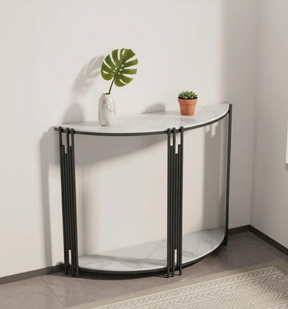 Lune Half-Moon Console Table – Modern Narrow Entryway Table (White Marble / Black Marble)