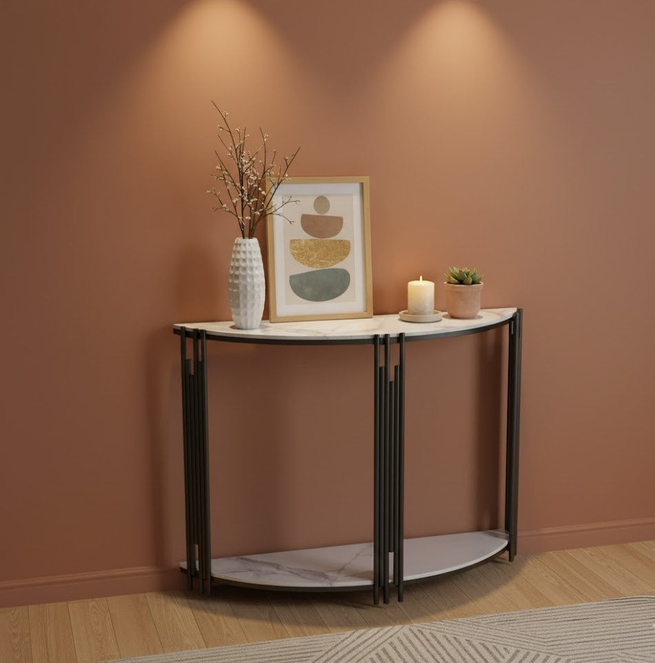 Lune Half-Moon Console Table – Modern Narrow Entryway Table (White Marble / Black Marble)