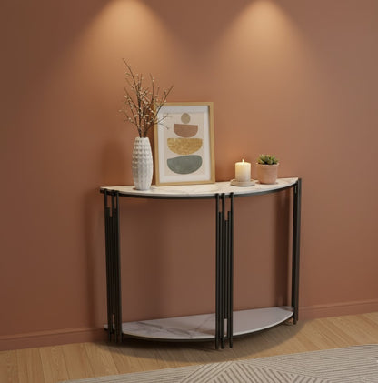 Lune Half-Moon Console Table – Modern Narrow Entryway Table (White Marble / Black Marble)