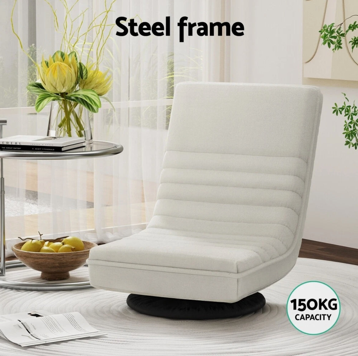 Lily 360° Swivel Lounge Chair – Foldable Faux-Linen Floor Seat (Steel Frame)