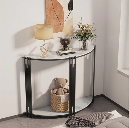 Lune Half-Moon Console Table – Modern Narrow Entryway Table (White Marble / Black Marble)