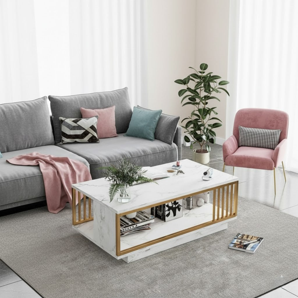 Marbella Luxe Marble Coffee Table — White Stone Finish & Gold Detail (100cm)