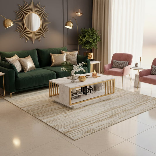 Marbella Luxe Marble Coffee Table — White Stone Finish & Gold Detail (100cm)